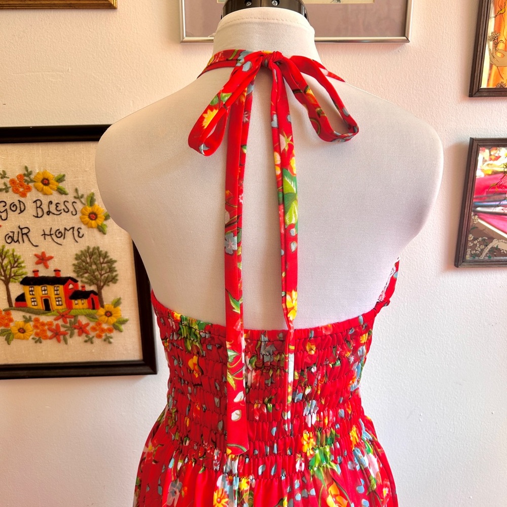 Vintage 70s Red Floral Maxi Dress with Multicolor Flowers - Picture 2 of 9